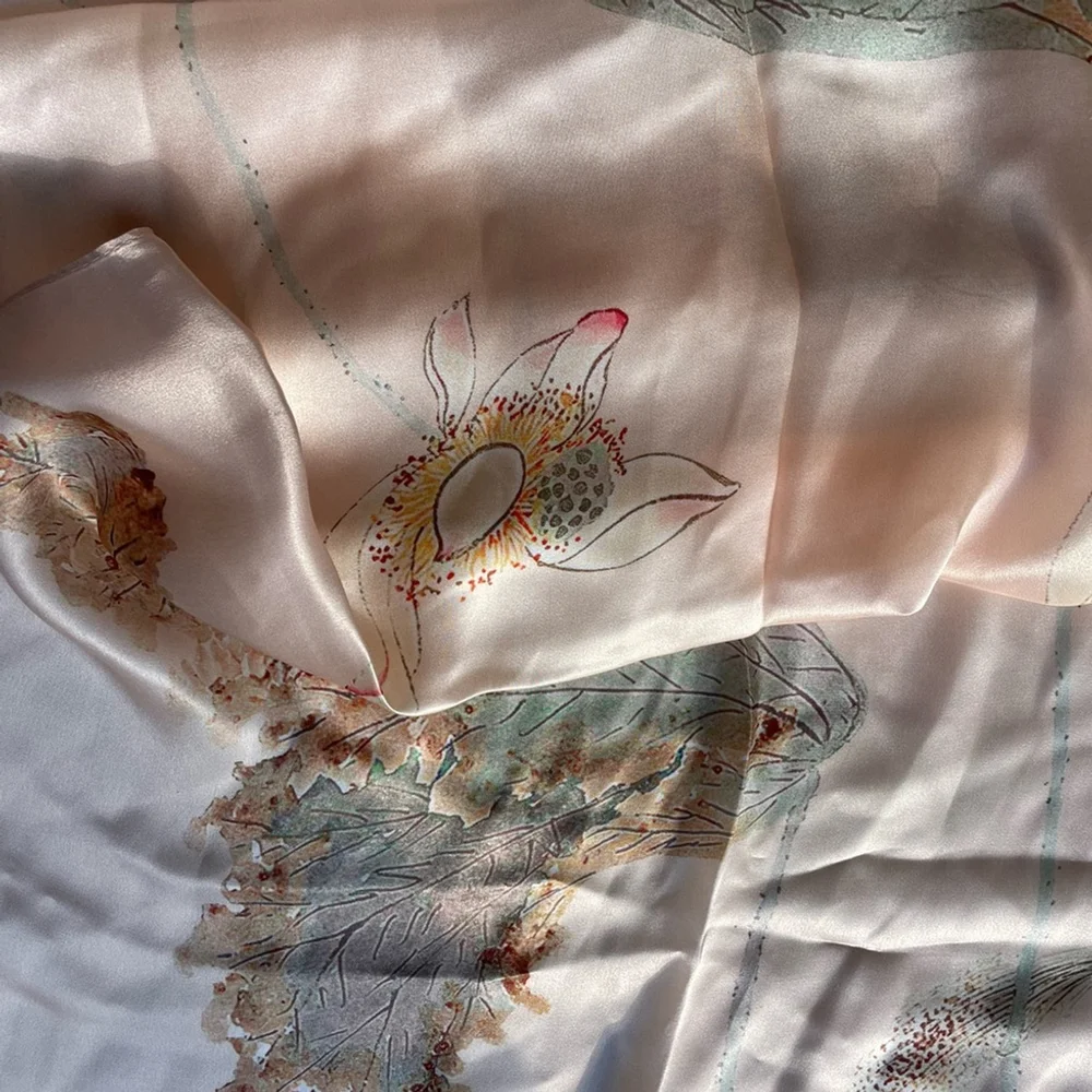 new Silk Illustrated Scarf Botanical & Bird Print Neutral Blush Tones 20” x 66”
